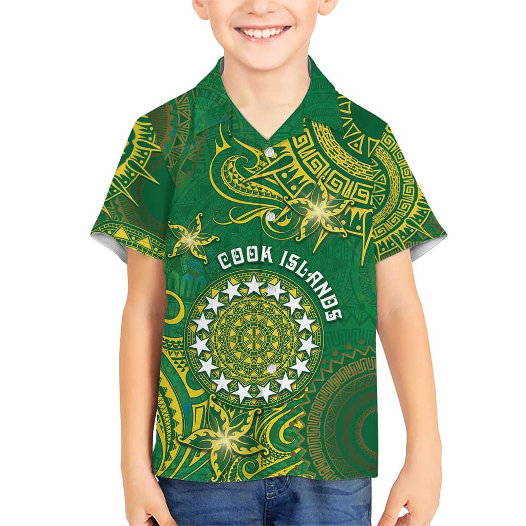 Personalised Cook Islands Kid Hawaiian Shirt Hibiscus Polynesian Tribal Pattern DT05 Kid Green - Polynesian Pride