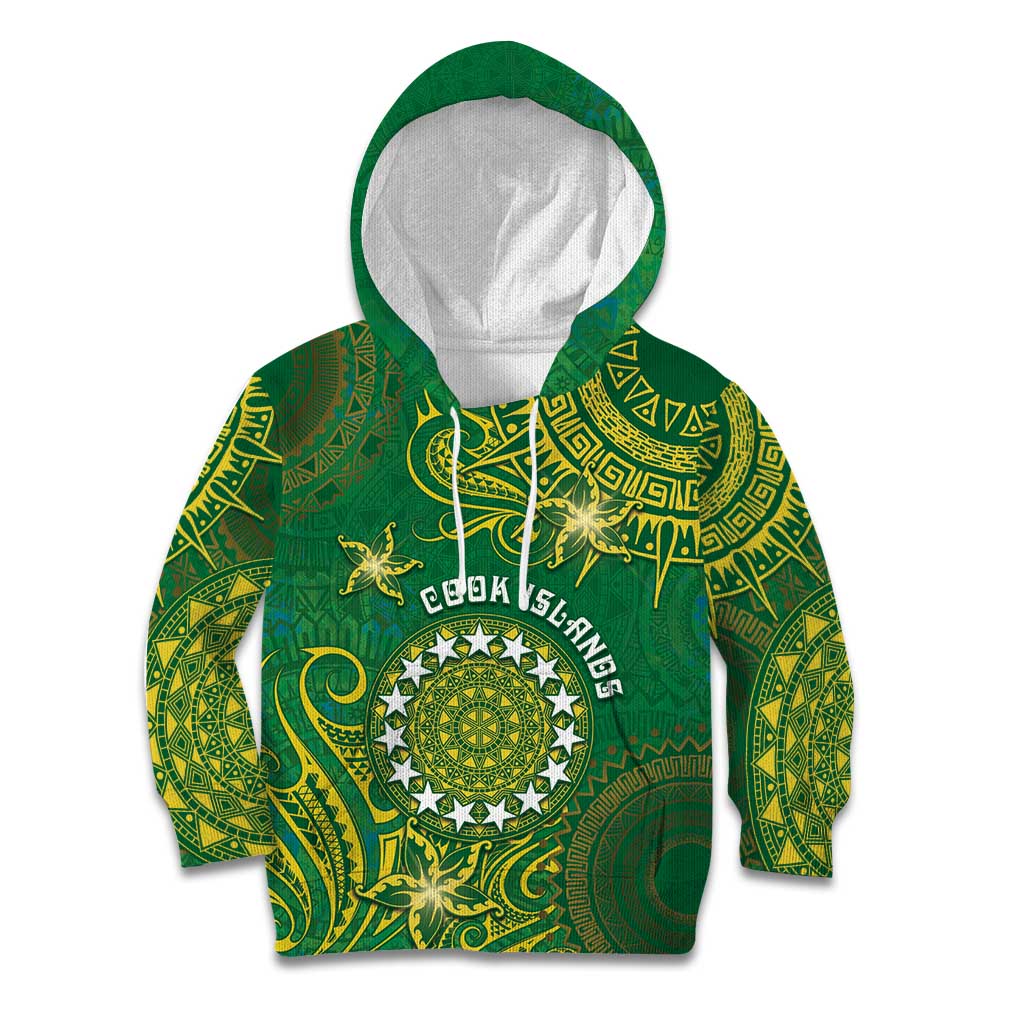 Personalised Cook Islands Kid Hoodie Hibiscus Polynesian Tribal Pattern DT05 Hoodie Green - Polynesian Pride