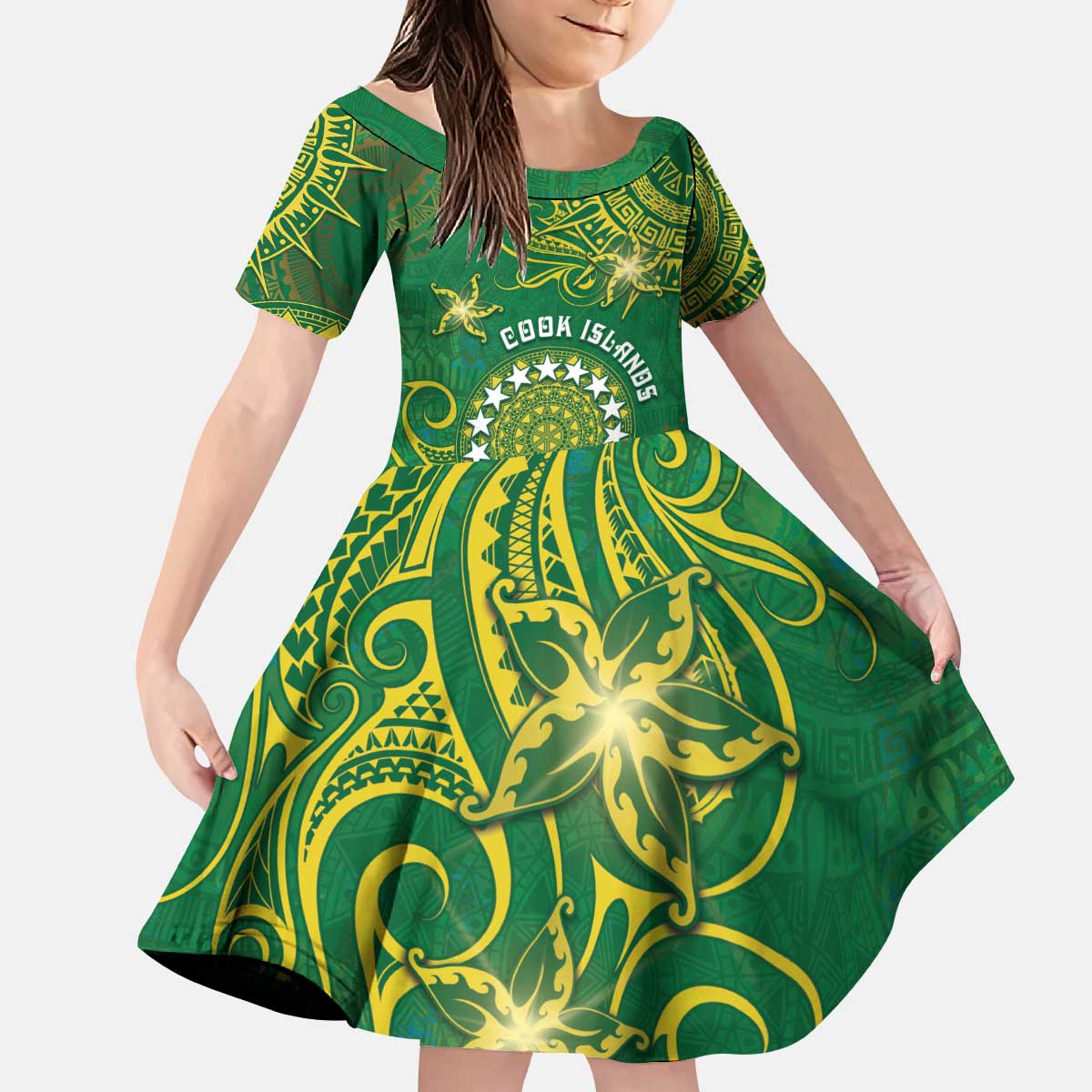 Personalised Cook Islands Kid Short Sleeve Dress Hibiscus Polynesian Tribal Pattern DT05 KID Green - Polynesian Pride