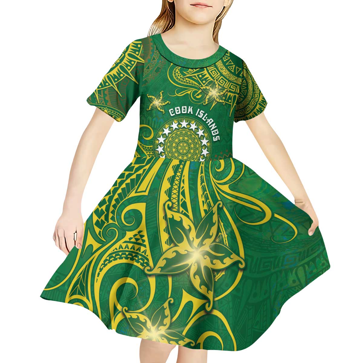 Personalised Cook Islands Kid Short Sleeve Dress Hibiscus Polynesian Tribal Pattern DT05 - Polynesian Pride