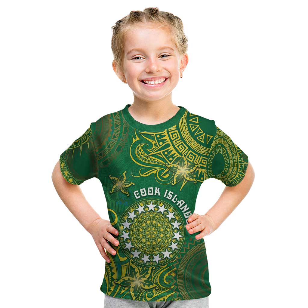 Personalised Cook Islands Kid T Shirt Hibiscus Polynesian Tribal Pattern DT05 Green - Polynesian Pride