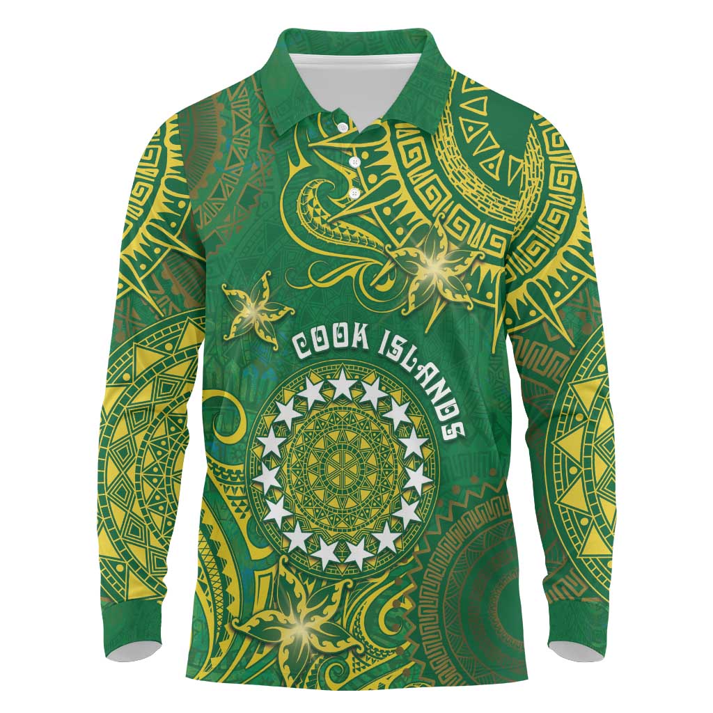 Personalised Cook Islands Long Sleeve Polo Shirt Hibiscus Polynesian Tribal Pattern DT05 Green - Polynesian Pride