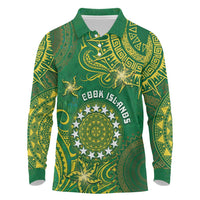 Personalised Cook Islands Long Sleeve Polo Shirt Hibiscus Polynesian Tribal Pattern DT05 Green - Polynesian Pride