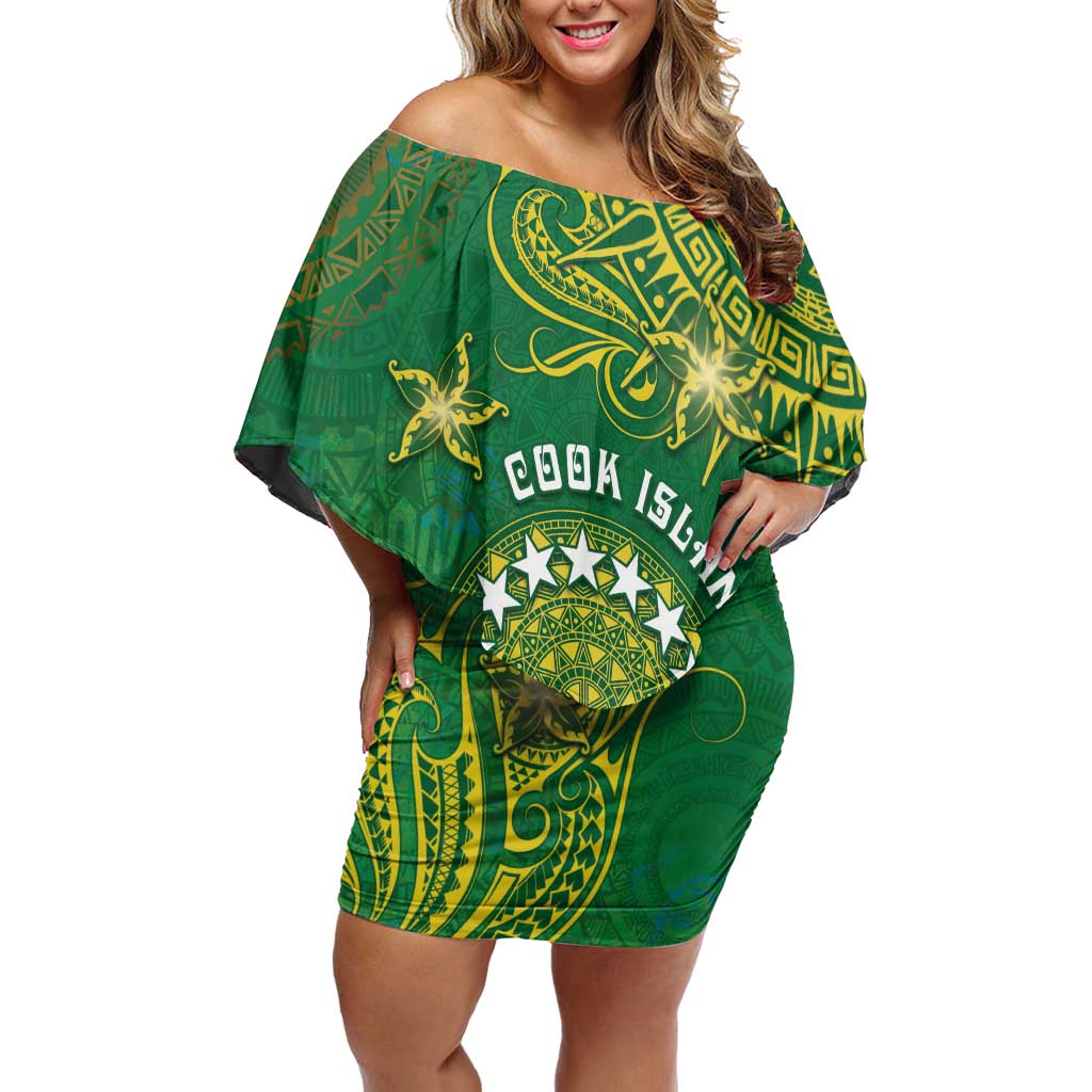 Personalised Cook Islands Off Shoulder Short Dress Hibiscus Polynesian Tribal Pattern DT05 Women Green - Polynesian Pride