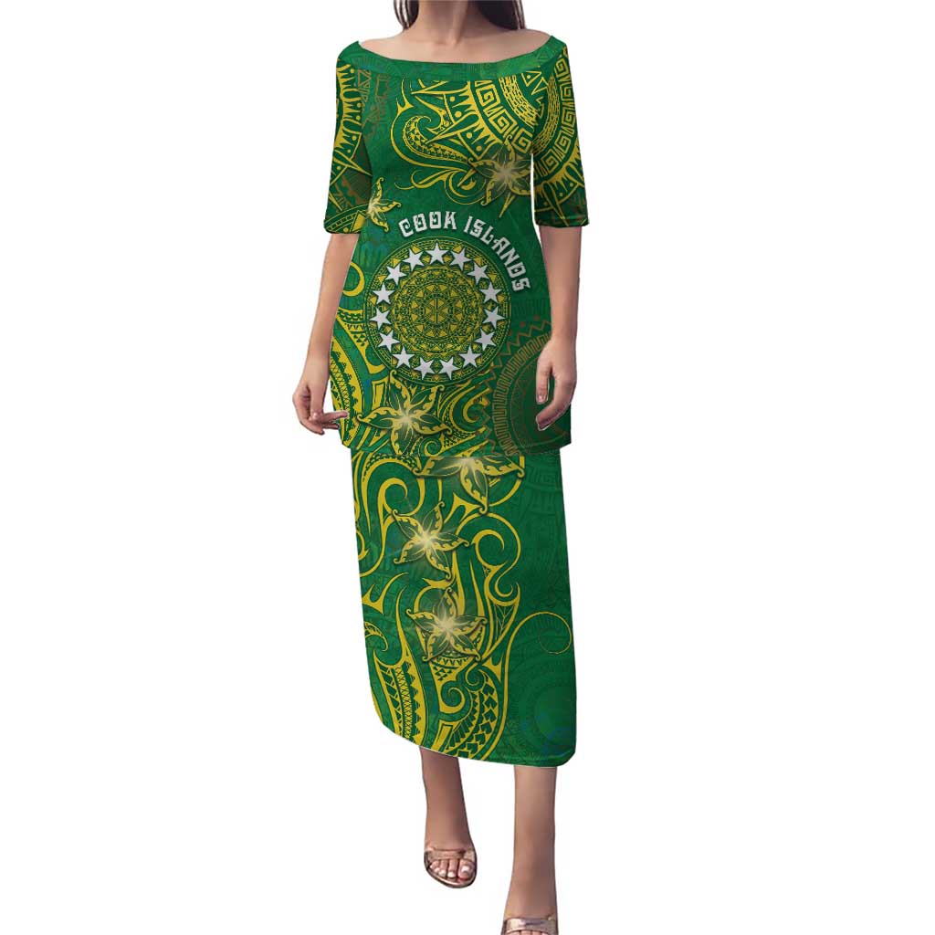 Personalised Cook Islands Puletasi Hibiscus Polynesian Tribal Pattern DT05 Long Dress Green - Polynesian Pride