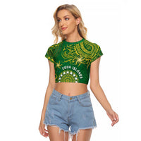 Personalised Cook Islands Raglan Cropped T Shirt Hibiscus Polynesian Tribal Pattern DT05 Female Green - Polynesian Pride