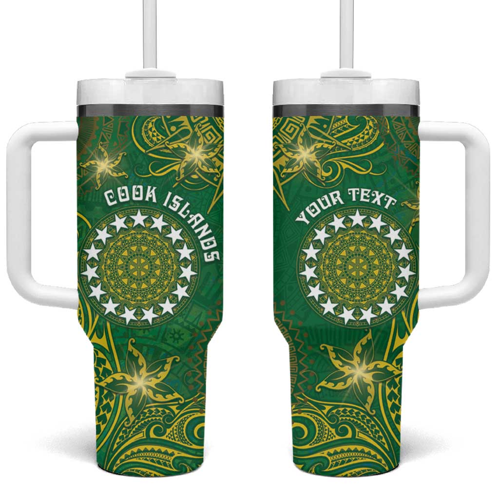 Personalised Cook Islands Tumbler With Handle Hibiscus Polynesian Tribal Pattern DT05 One Size: 40 oz Green - Polynesian Pride