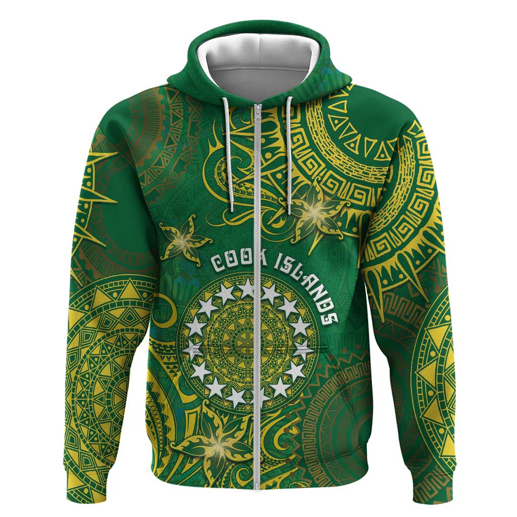 Personalised Cook Islands Zip Hoodie Hibiscus Polynesian Tribal Pattern DT05 Zip Hoodie Green - Polynesian Pride