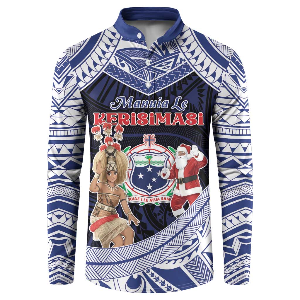 Samoa Christmas Button Sweatshirt Samoan Siva Dance With Santa DT05 Navy - Polynesian Pride