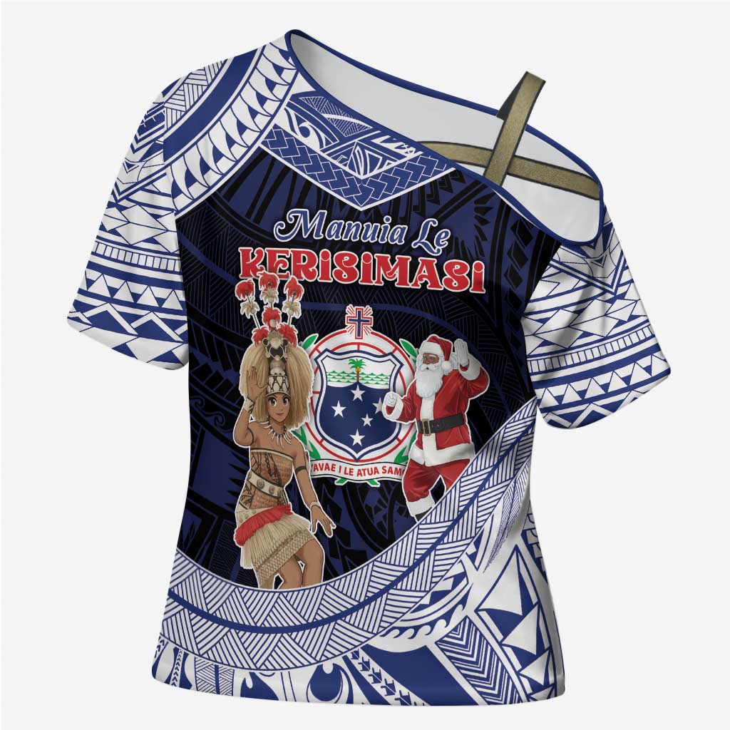 Samoa Christmas Cross Shoulder Shirt Samoan Siva Dance With Santa DT05 Female Navy - Polynesian Pride