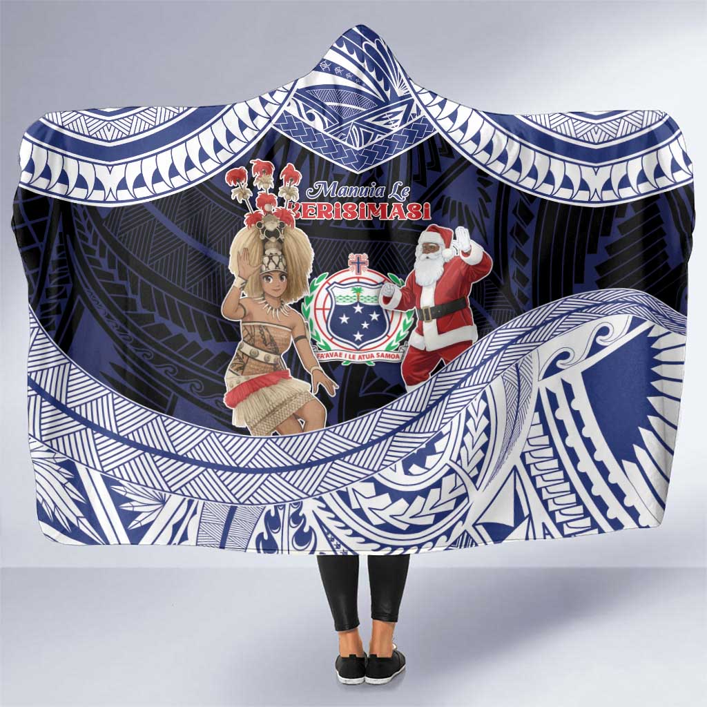 Samoa Christmas Hooded Blanket Samoan Siva Dance With Santa DT05 One Size Navy - Polynesian Pride