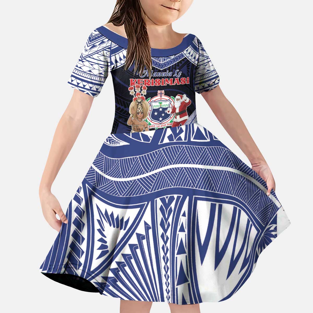 Samoa Christmas Kid Short Sleeve Dress Samoan Siva Dance With Santa DT05 KID Navy - Polynesian Pride