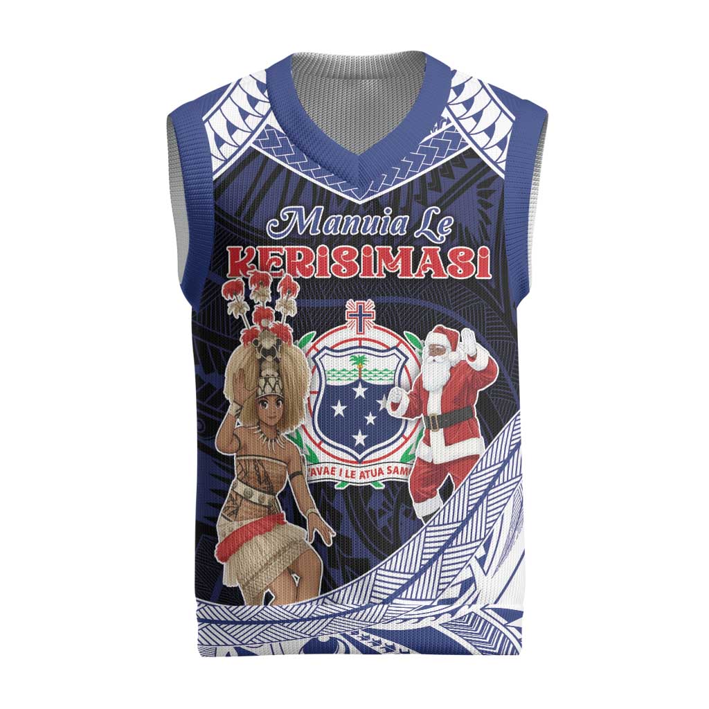 Samoa Christmas Knitted V-Neck Vest Samoan Siva Dance With Santa DT05 Navy - Polynesian Pride