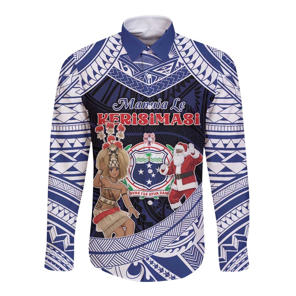 Samoa Christmas Long Sleeve Button Shirt Samoan Siva Dance With Santa DT05 Unisex Navy - Polynesian Pride