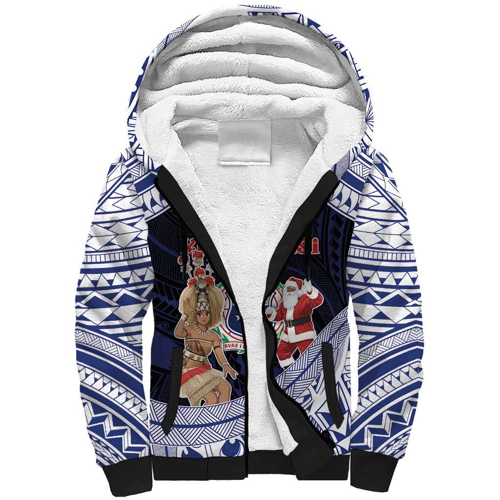 Samoa Christmas Sherpa Hoodie Samoan Siva Dance With Santa DT05 Unisex Navy - Polynesian Pride