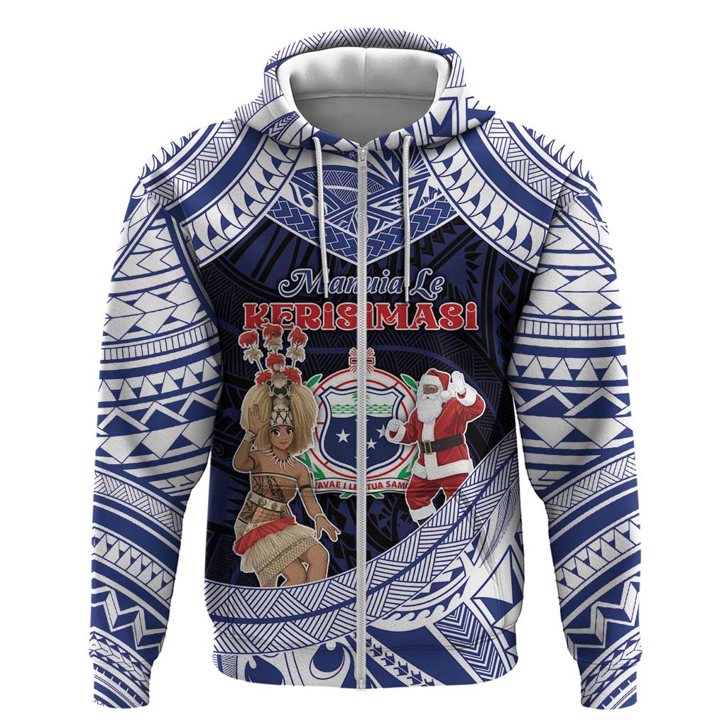 Samoa Christmas Zip Hoodie Samoan Siva Dance With Santa DT05 Zip Hoodie Navy - Polynesian Pride