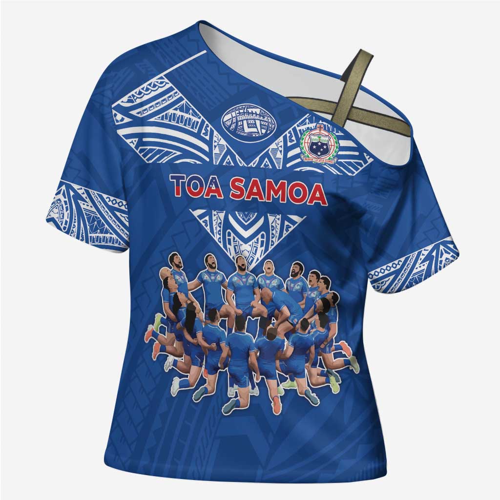 Toa Samoa Cross Shoulder Shirt Samoan Warrior Spirit Rugby DT05 Female Blue - Polynesian Pride