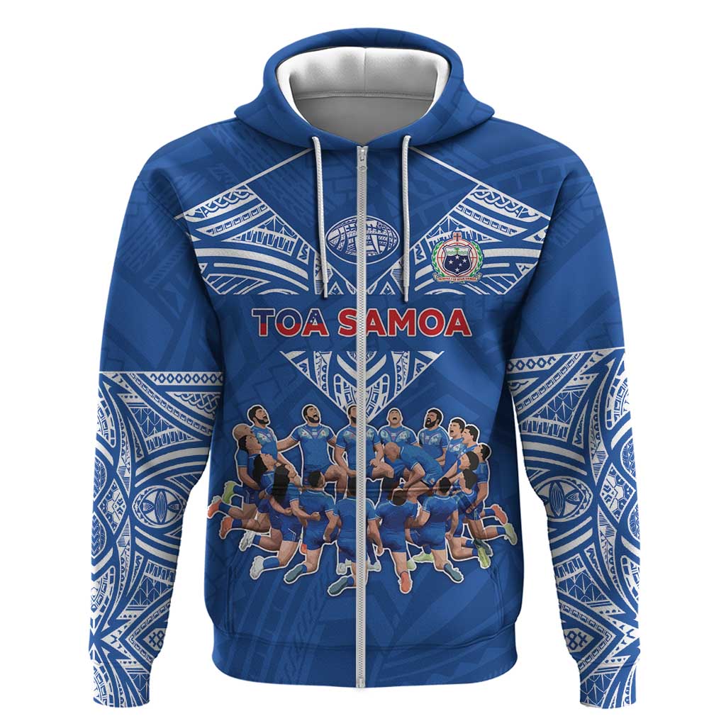 Toa Samoa Hoodie Samoan Warrior Spirit Rugby DT05 Zip Hoodie Blue - Polynesian Pride