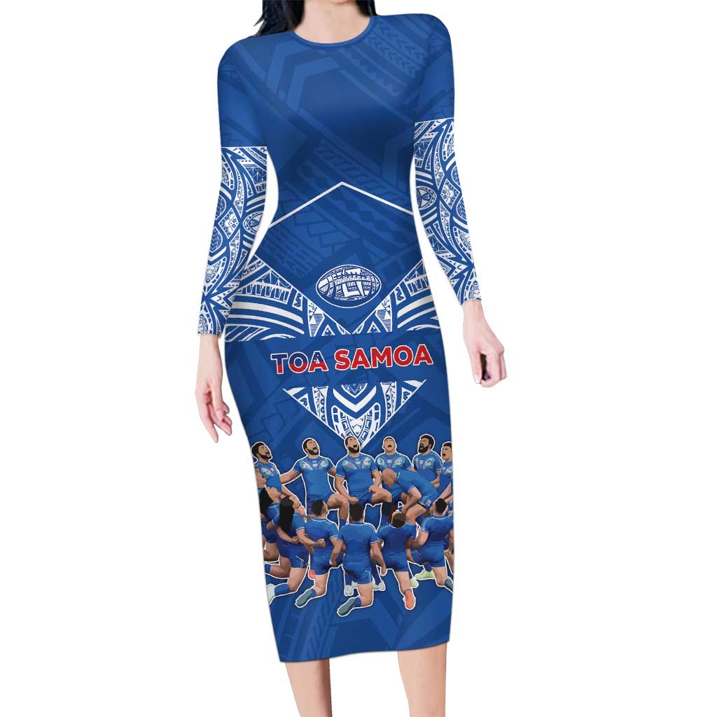 Toa Samoa Long Sleeve Bodycon Dress Samoan Warrior Spirit Rugby DT05 Long Dress Blue - Polynesian Pride