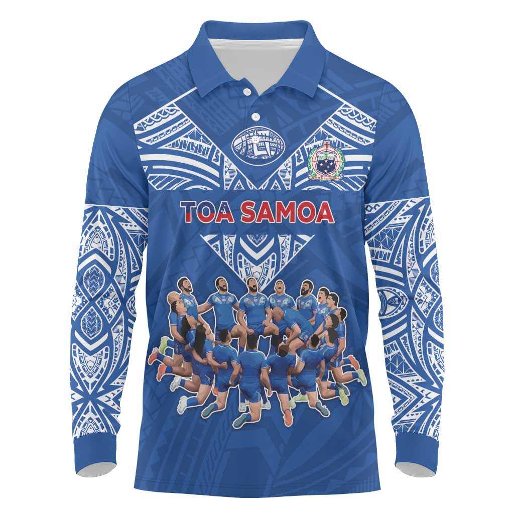Toa Samoa Long Sleeve Polo Shirt Samoan Warrior Spirit Rugby DT05 Blue - Polynesian Pride