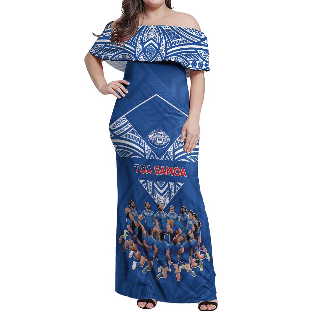Toa Samoa Off Shoulder Maxi Dress Samoan Warrior Spirit Rugby DT05 Women Blue - Polynesian Pride