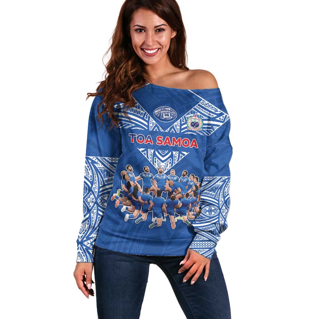 Toa Samoa Off Shoulder Sweater Samoan Warrior Spirit Rugby DT05 Women Blue - Polynesian Pride