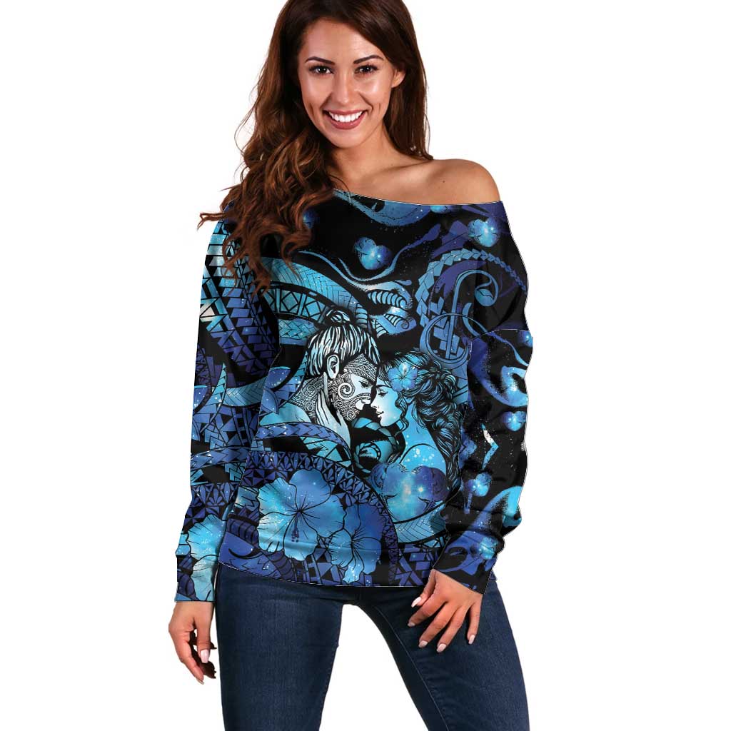 Personalised Maori Romantic Valentine Off Shoulder Sweater The Hongi Kiss Blue Galaxy DT05 Women Blue - Polynesian Pride