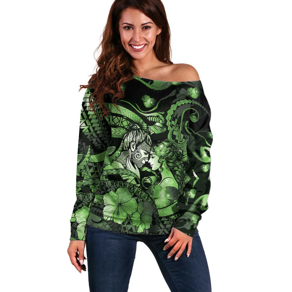Personalised Maori Romantic Valentine Off Shoulder Sweater The Hongi Kiss Green Galaxy DT05 Women Green - Polynesian Pride