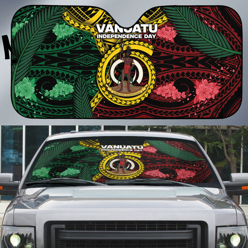 Vanuatu Independence Day Auto Sun Shade Boar Tusk Warrior Tribal Floral Patterns DT05 Multicolor - Polynesian Pride