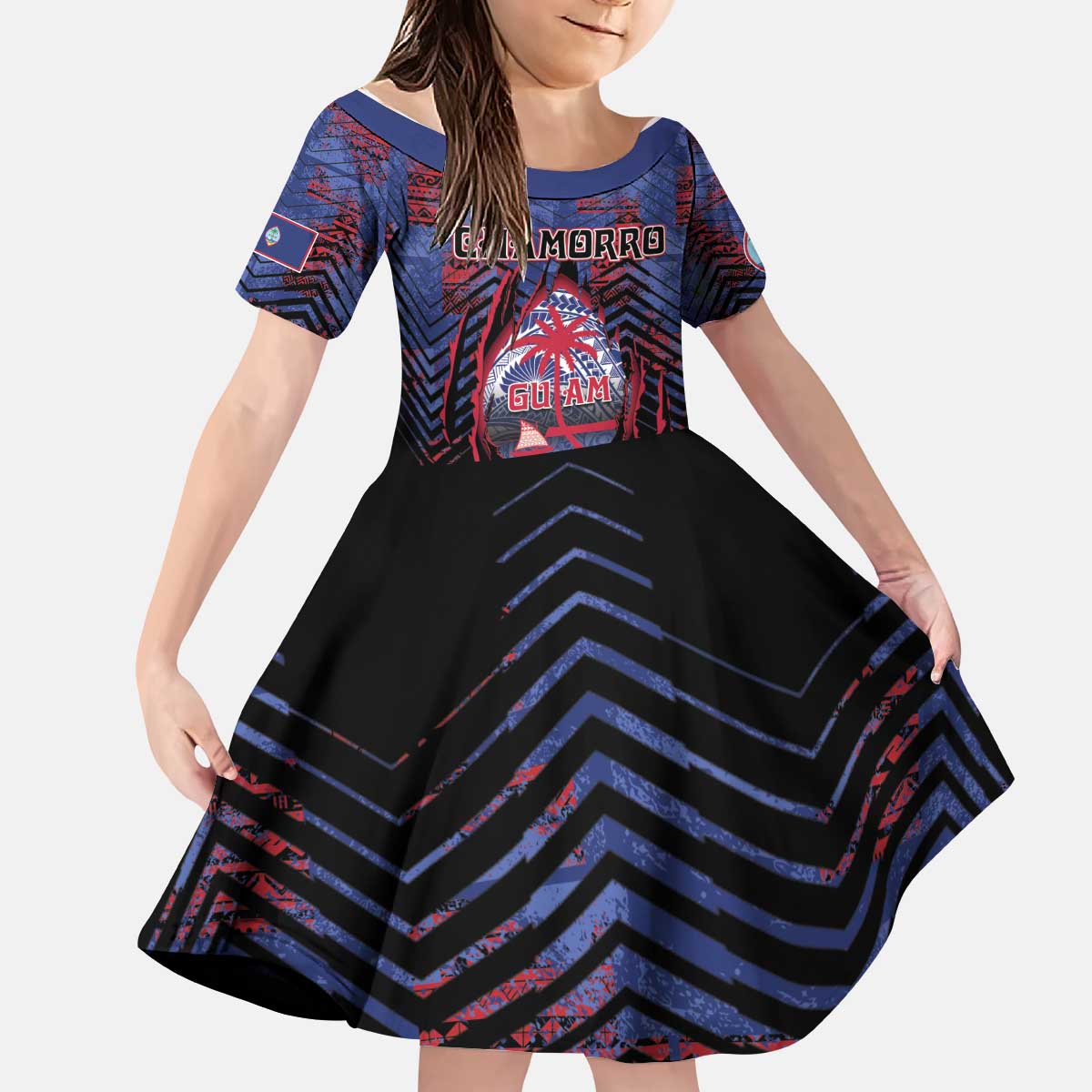 Personalised Guam Kid Short Sleeve Dress Chamorro Seal Tribal Scratch Design DT05 KID Navy - Polynesian Pride