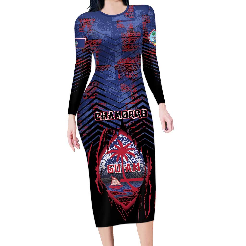 Personalised Guam Long Sleeve Bodycon Dress Chamorro Seal Tribal Scratch Design DT05 Long Dress Navy - Polynesian Pride