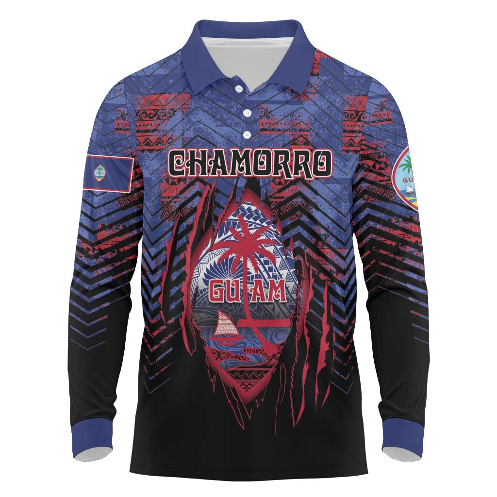 Personalised Guam Long Sleeve Polo Shirt Chamorro Seal Tribal Scratch Design DT05 Navy - Polynesian Pride