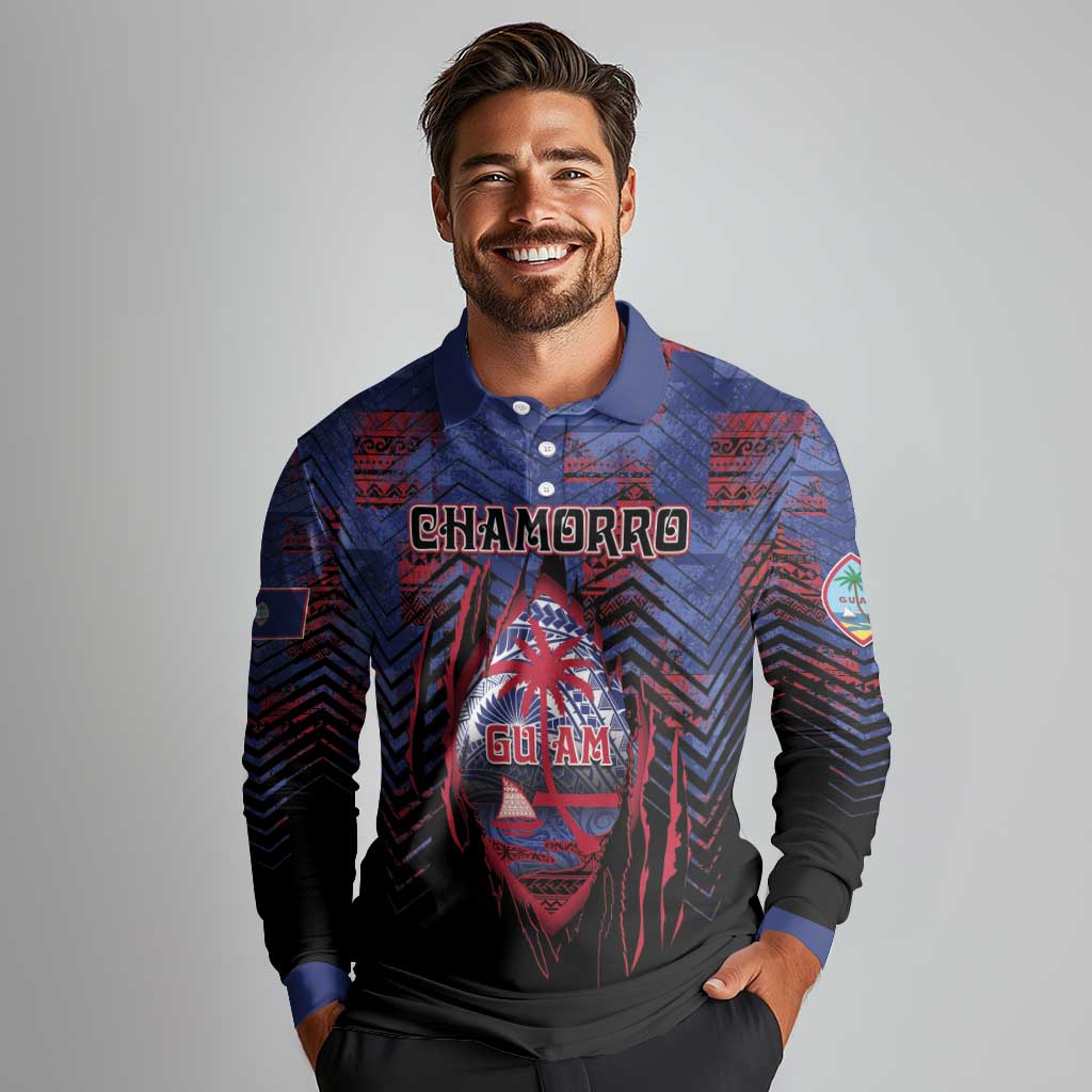 Personalised Guam Long Sleeve Polo Shirt Chamorro Seal Tribal Scratch Design DT05 - Polynesian Pride