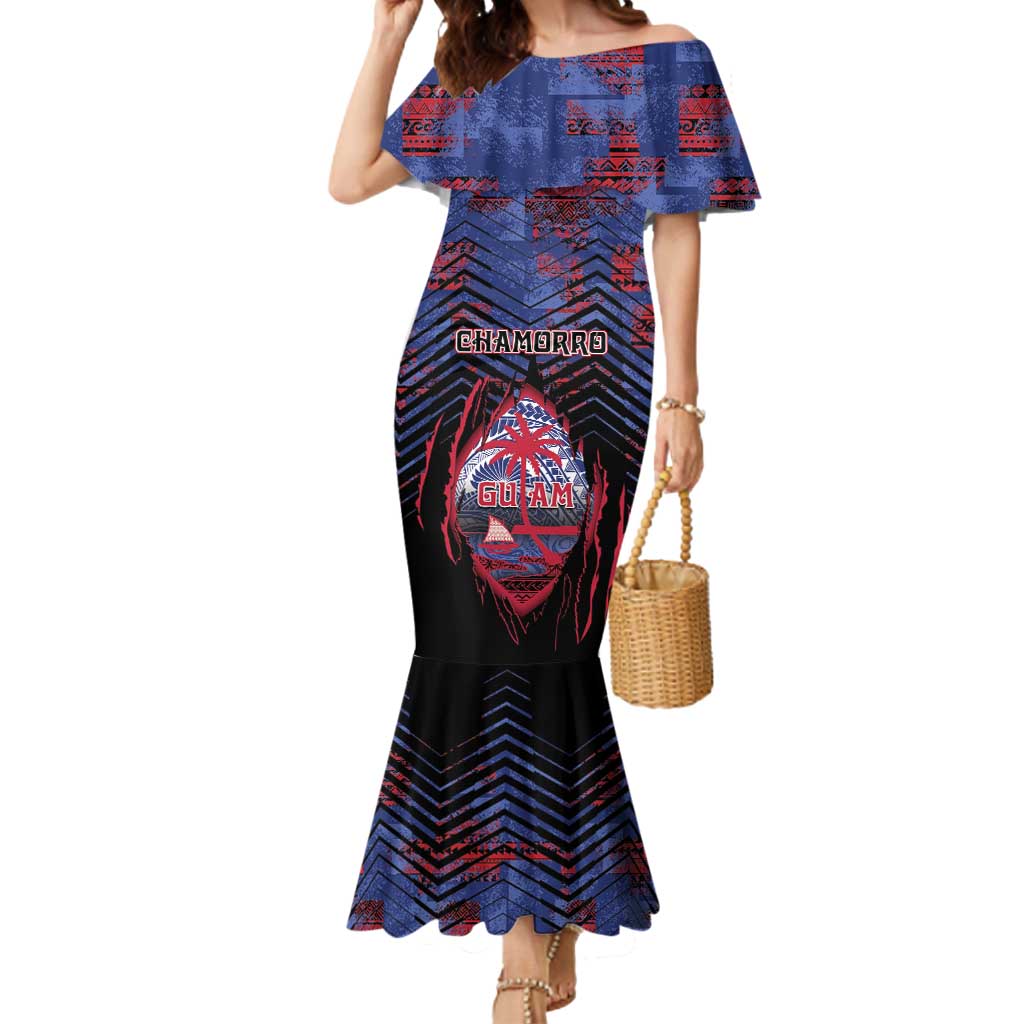 Personalised Guam Mermaid Dress Chamorro Seal Tribal Scratch Design DT05 Women Navy - Polynesian Pride