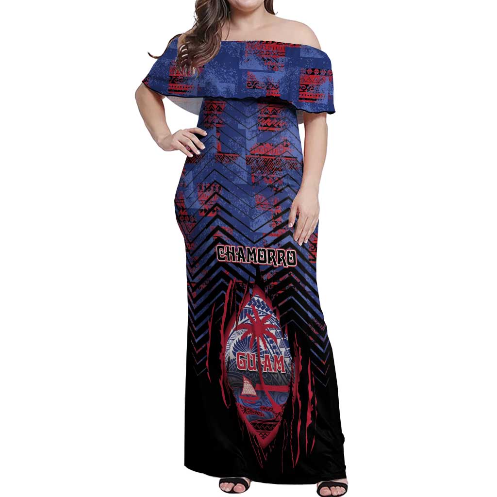 Personalised Guam Off Shoulder Maxi Dress Chamorro Seal Tribal Scratch Design DT05 Women Navy - Polynesian Pride