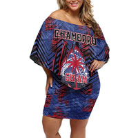Personalised Guam Off Shoulder Short Dress Chamorro Seal Tribal Scratch Design DT05 Women Navy - Polynesian Pride