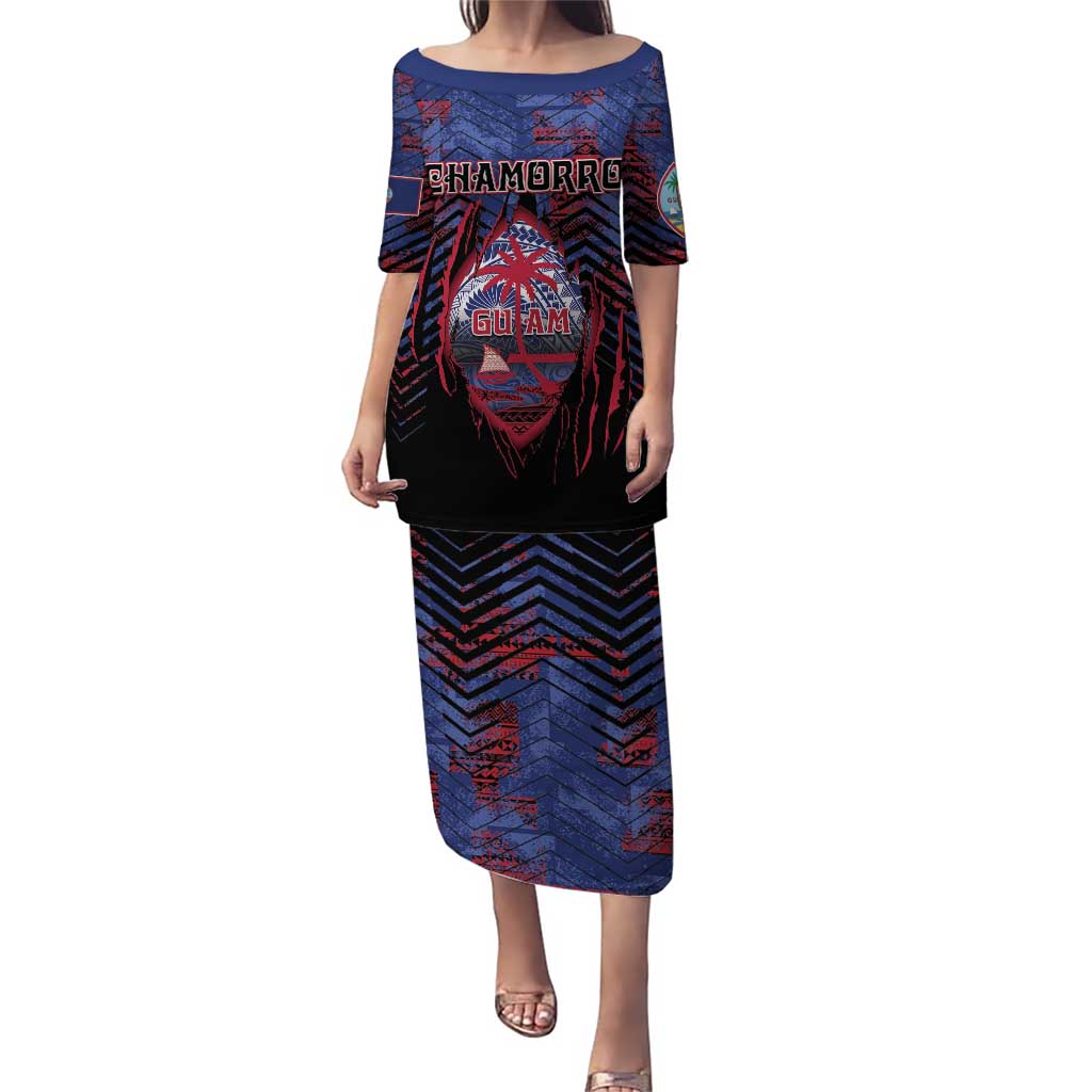 Personalised Guam Puletasi Chamorro Seal Tribal Scratch Design DT05 Long Dress Navy - Polynesian Pride
