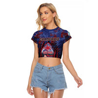 Personalised Guam Raglan Cropped T Shirt Chamorro Seal Tribal Scratch Design DT05 Female Navy - Polynesian Pride