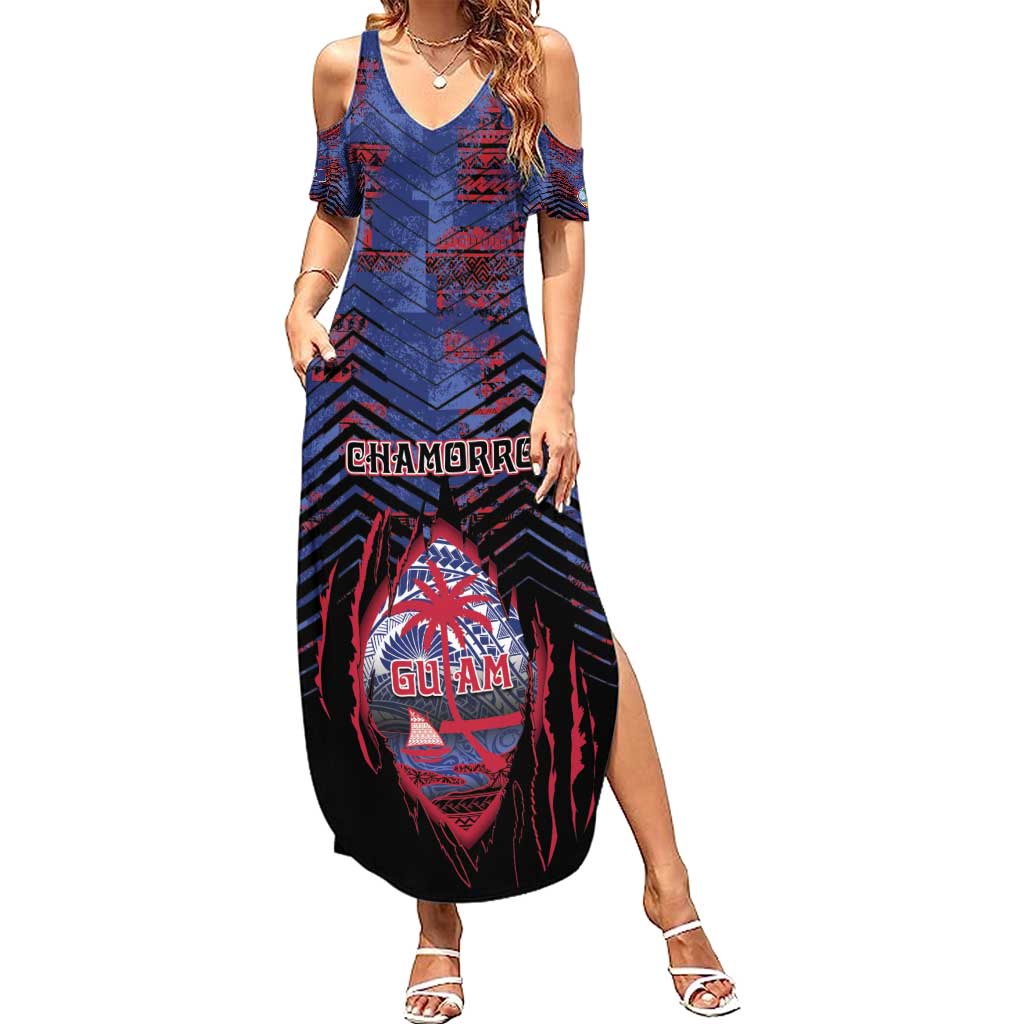 Personalised Guam Summer Maxi Dress Chamorro Seal Tribal Scratch Design DT05 Women Navy - Polynesian Pride
