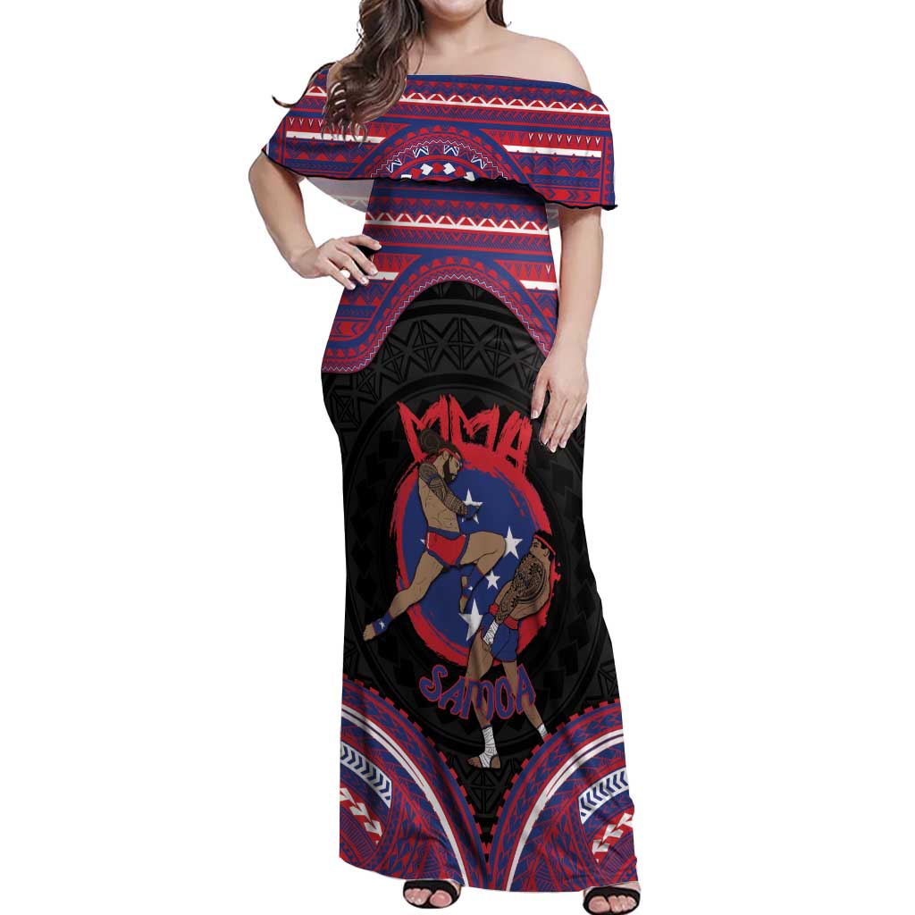 Personalised Samoa Mixed Martial Arts Off Shoulder Maxi Dress Flying Knee Of Samoan DT05 Women Black - Polynesian Pride