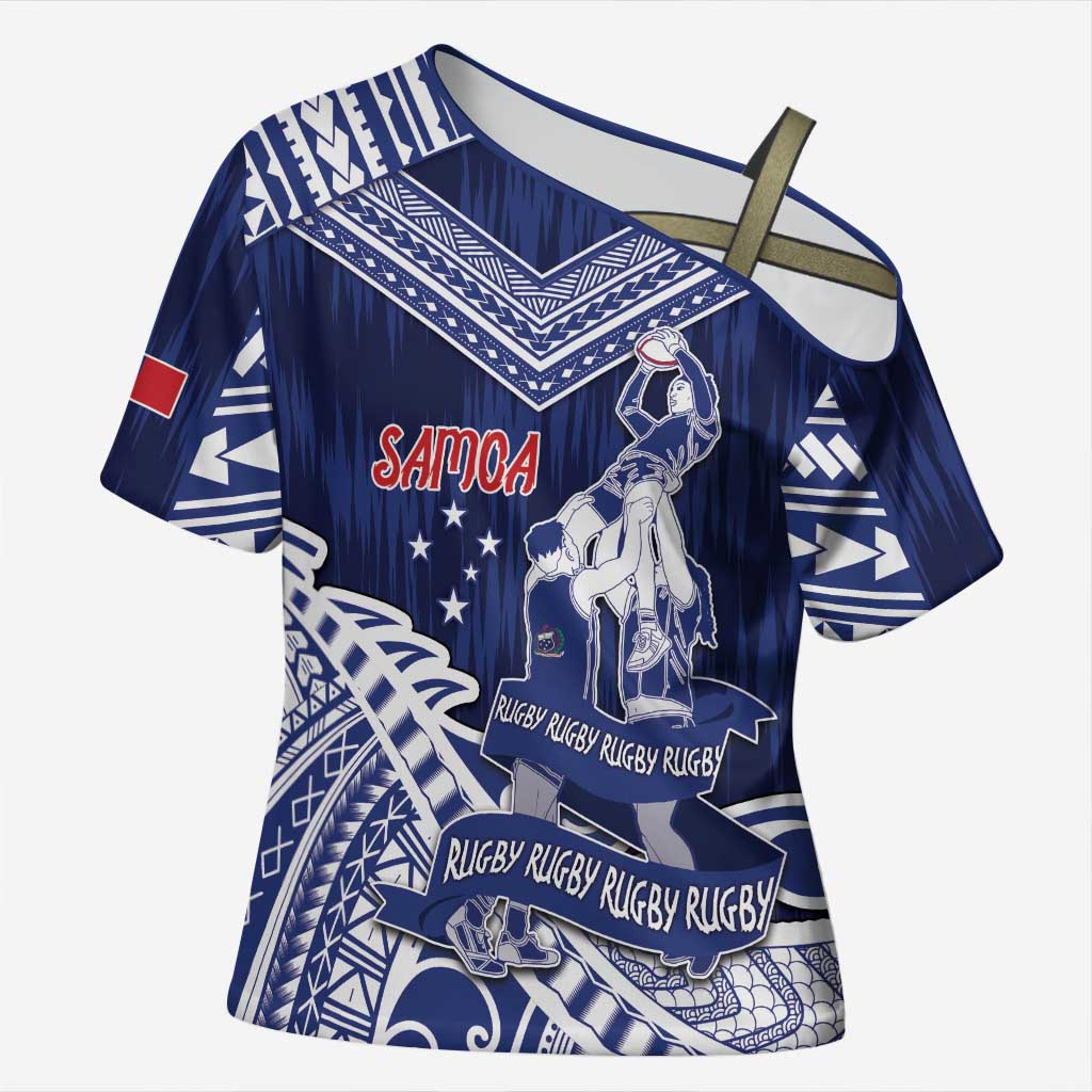 Personalised Samoa Rugby Cross Shoulder Shirt Pacific Warrior Glory DT05 Female Navy - Polynesian Pride