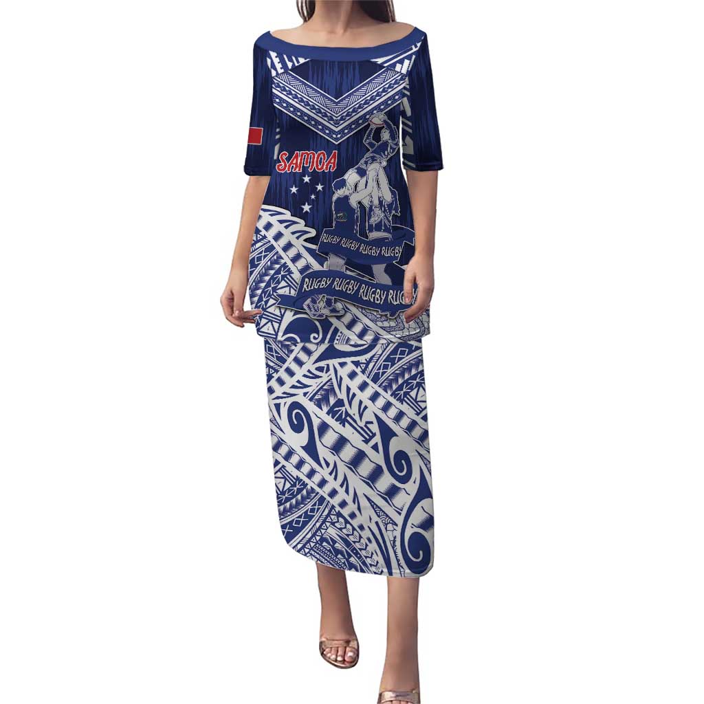 Personalised Samoa Rugby Puletasi Pacific Warrior Glory DT05 Long Dress Navy - Polynesian Pride