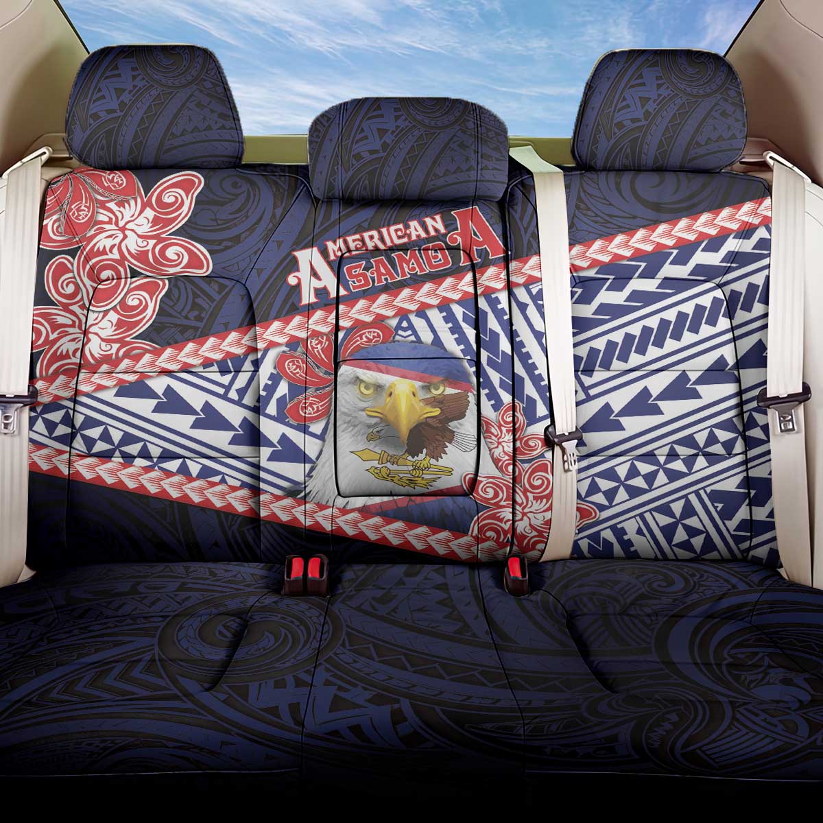 American Samoa Back Car Seat Cover Bald Eagle With Polynesian Pattern DT05 One Size Navy - Polynesian Pride