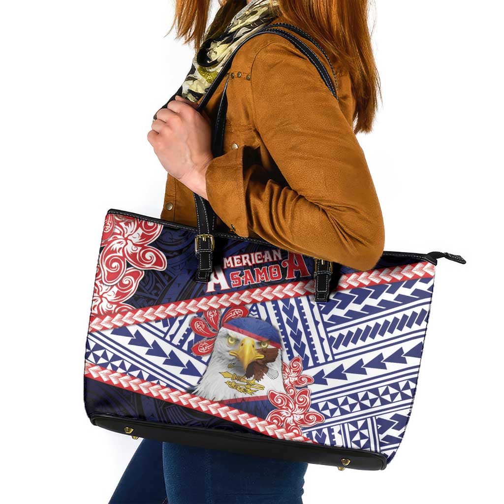 American Samoa Leather Tote Bag Bald Eagle With Polynesian Pattern DT05 Navy - Polynesian Pride