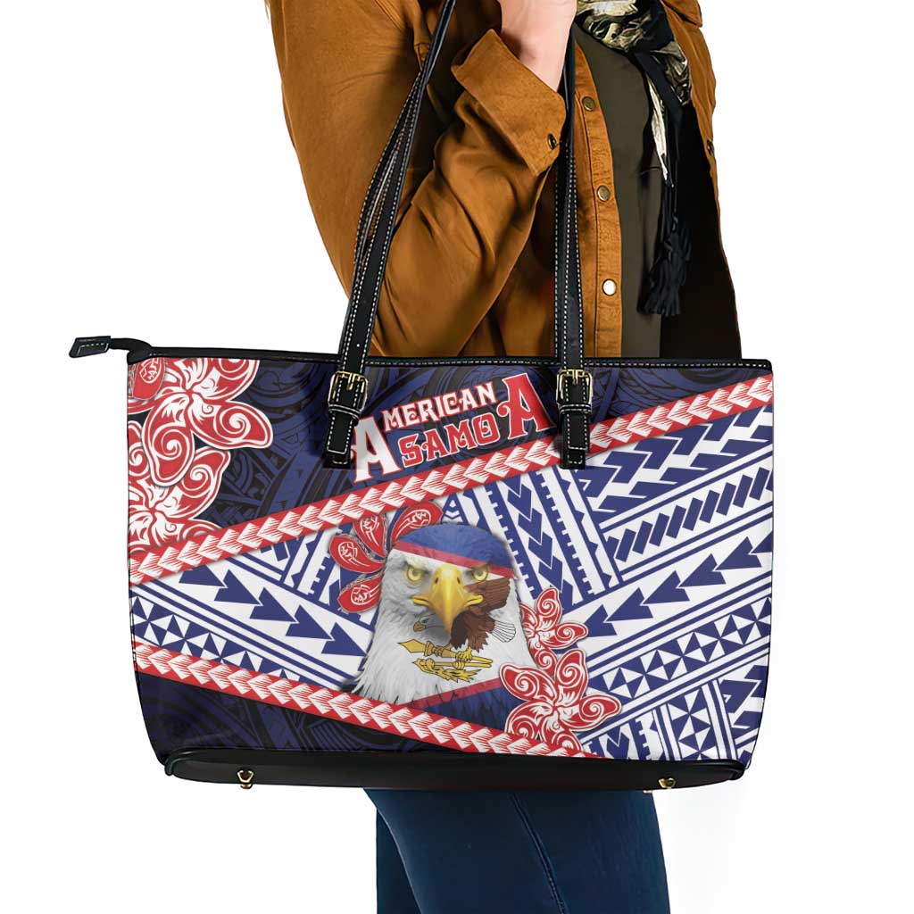 American Samoa Leather Tote Bag Bald Eagle With Polynesian Pattern DT05 - Polynesian Pride