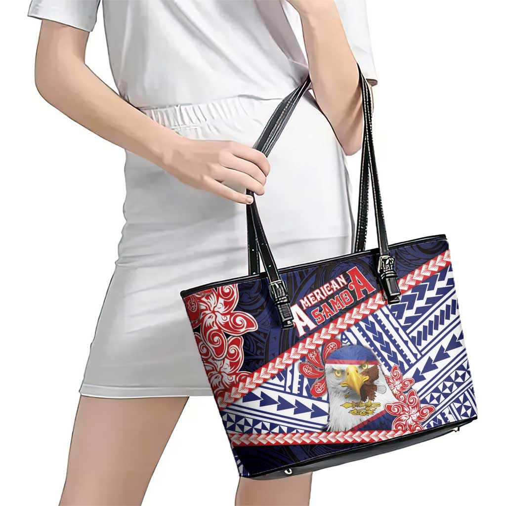 American Samoa Leather Tote Bag Bald Eagle With Polynesian Pattern DT05 - Polynesian Pride