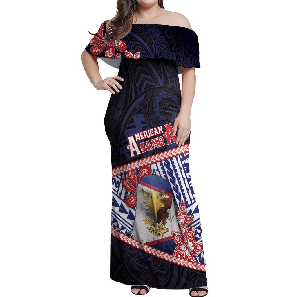 Personalized American Samoa Off Shoulder Maxi Dress Bald Eagle With Polynesian Pattern DT05 Women Navy - Polynesian Pride