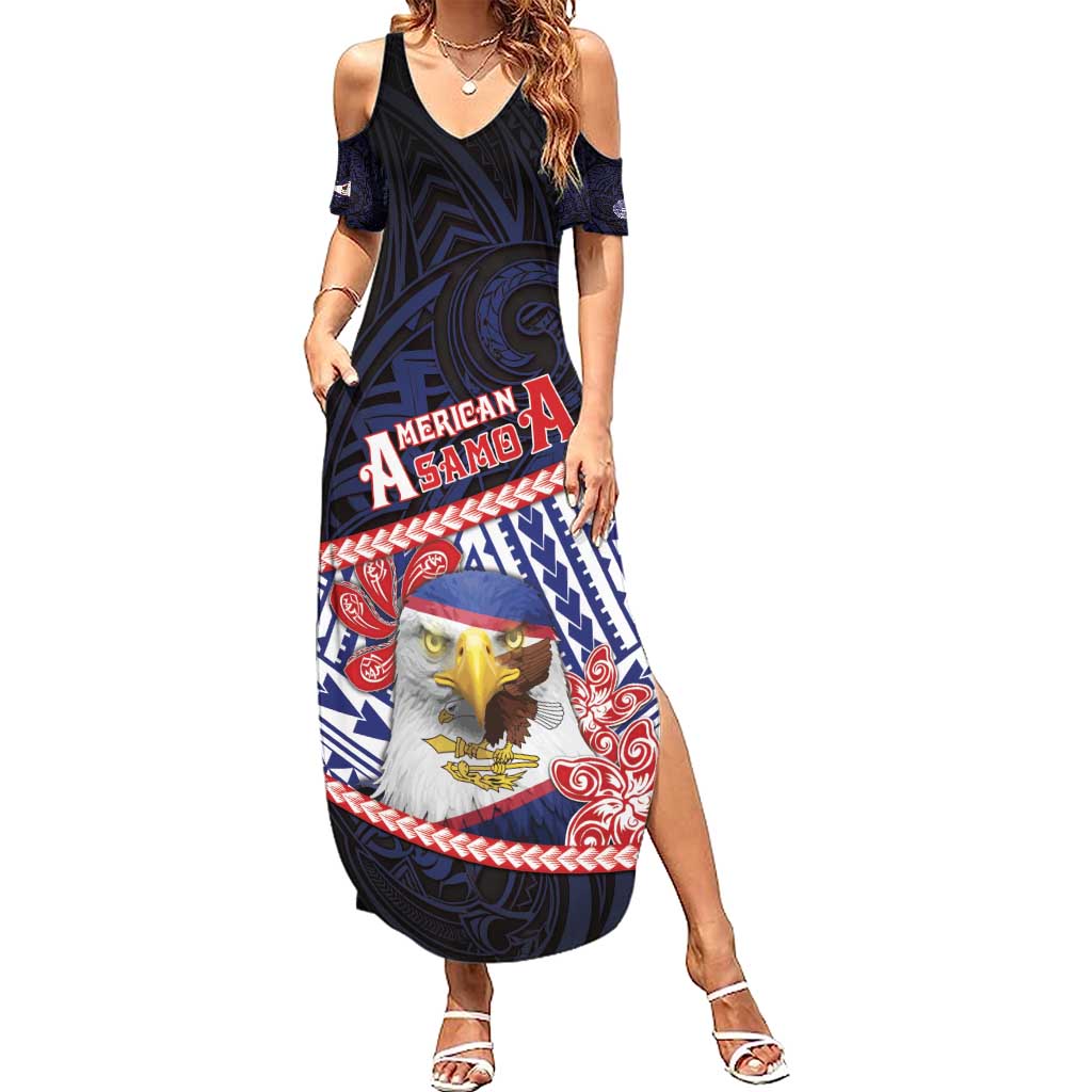 Personalized American Samoa Summer Maxi Dress Bald Eagle With Polynesian Pattern DT05 Women Navy - Polynesian Pride