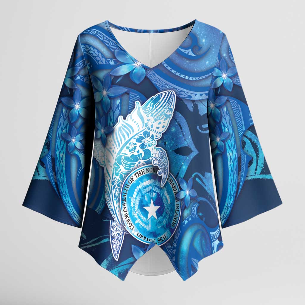 Personalised Northern Mariana Islands Kimono Sleeve Blouse Galaxy Polynesian Shark Tattoo DT05 Female Blue - Polynesian Pride