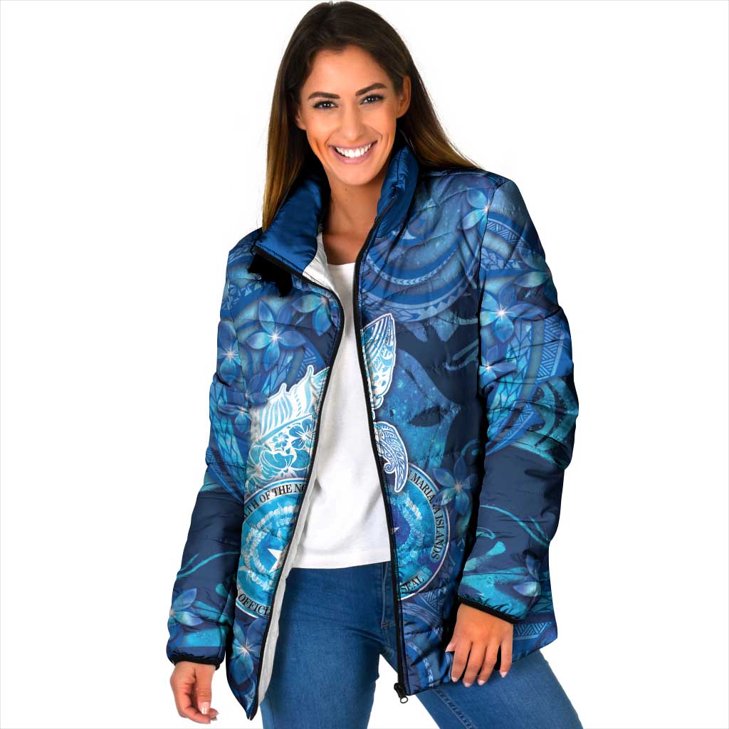 Personalised Northern Mariana Islands Padded Jacket Galaxy Polynesian Shark Tattoo DT05 Women Blue - Polynesian Pride
